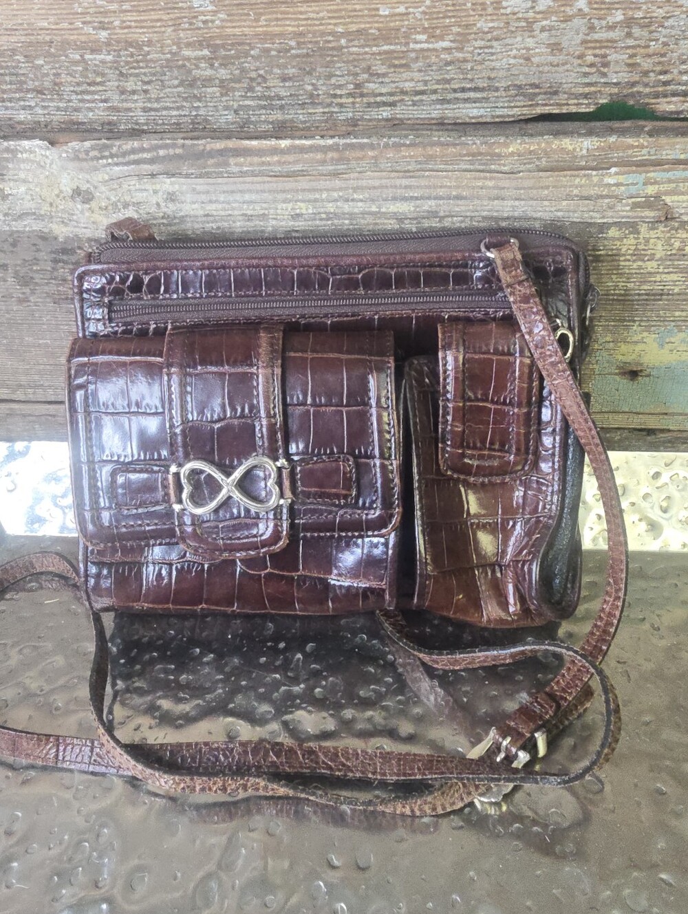 Brown Croc-Embossed Leather Crossbody Bag with Front Pockets, Y2K